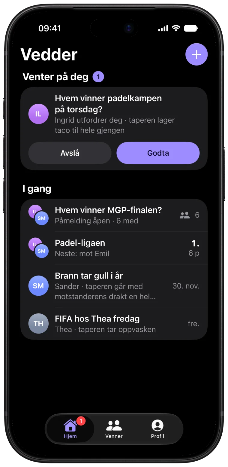 The home screen in Vedder: Ingrid challenges you to the padel match on Thursday, the loser makes tacos.